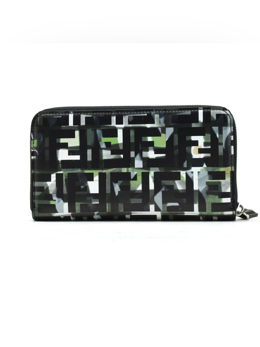 Fendi Black, White & Green Zucca Print Zip Wallet